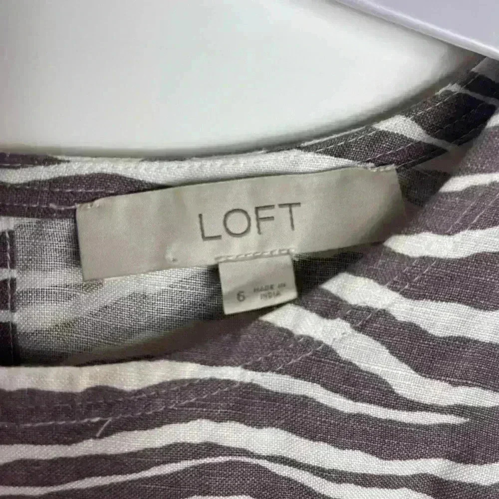 LOFT Zebra Brown White Sleeveless Pocket Linen Keyhole Shift Dress Women’s 6 - Picture 5 of 8